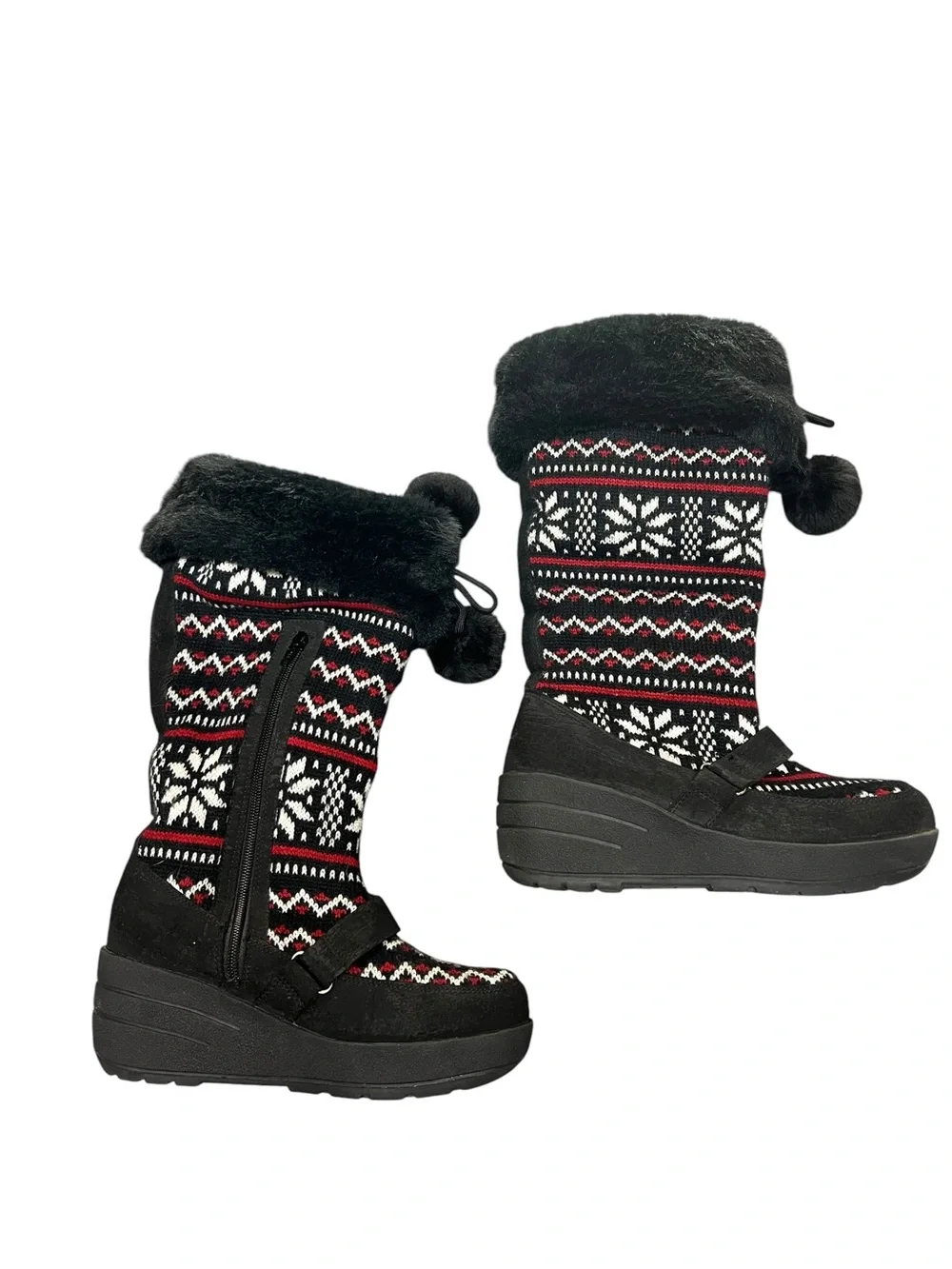 Hillard Hanson Fair Isle Pom Pom Snowflake Boots Size 9 Black Wedge